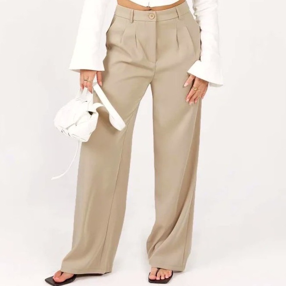 Princess Polly Archer Pleated Wide Leg Pants Taupe US 8 High Waisted Trousers